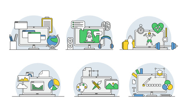 Online Profession with Learning Platform and Computer Interface Display Line Vector Set