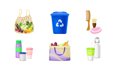 Zero Waste with Shopping Tote and Recycle Bin as Everyday Reused Object Vector Set