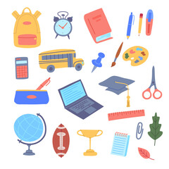 Cartoon Color Back to School Children Object Set Flat Design Style Include of Notebook, Pencil and Backpack,. Vector illustration