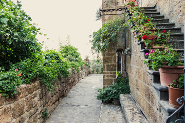 Fototapeta na wymiar Exterior shot of spectacular ancient buildings of stones with cobblestone courtyard in the foreground and with stone stairway to entrance door decorated with plants in flower pots and climbing plants