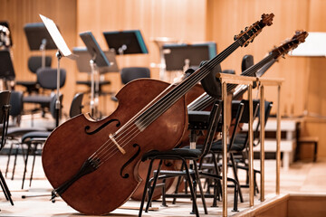 cello on the stage of the Philharmonic during a concert