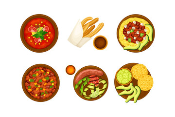 Stew with Beans and Taco on Plate as Traditional Mexican Dish Vector Set