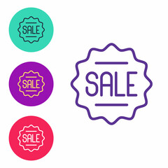 Set line Price tag with an inscription Sale icon isolated on white background. Badge for price. Promo tag discount. Set icons colorful. Vector