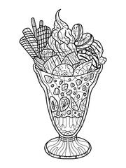 Freehand sketch for adult antistress coloring page with doodle and zentangle elements. Dessert, ice cream with cream and cookies.