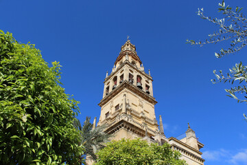 Fototapeta na wymiar Tower of the Mezquita Cathedral of Cordoba on a bright sunny day, Spain.