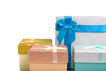 Holiday gifts in gift boxes white background.