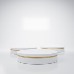 Three premium product display stands. White plastic and gold trim. 3d rendering