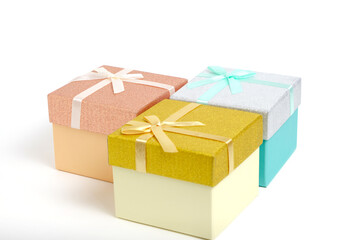 Holiday gifts in gift boxes white background.