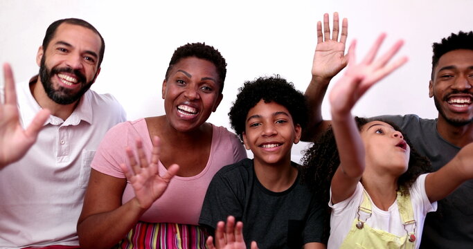 Black African Family Waving Hello To Camera, Parent And Kids Talking To Camera