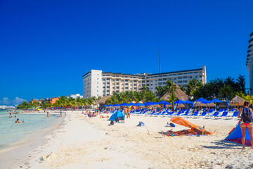 Hotel on the sandy beach on a sunny day in Cancun, Yukatan, Mexico