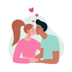 Vector illustration of kissing couple. Geterosexual couple at romantic date. Man and woman in love.