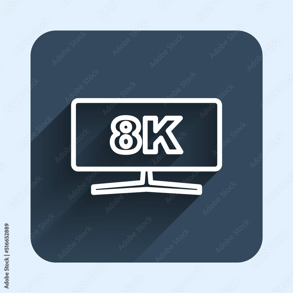 Poster white line computer monitor icon isolated with long shadow background. pc component sign. blue squar