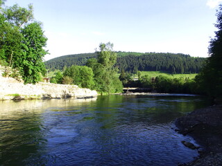 A beautiful river flows in the mountains
