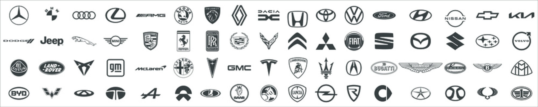 Set of popular logos of cars brands: Aston Martin, Rolls Royce, Porsche, Ferrari, Audi, Mercedes, BMW, McLaren, Maserati, Maybach, Lamborghini, Cadillac, Corvette, Bugatti, Pontiac, Vector 