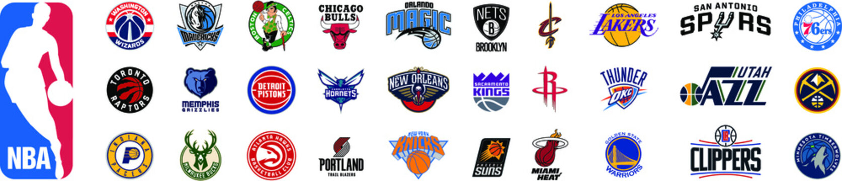 NBA basketball all logos teams set vector. Isolated NBA basket-ball conferences : Lakers, Celtics, Clippers, Knicks, Chicago Bulls, Hawks, Hornets, Wizards, Suns, Nets