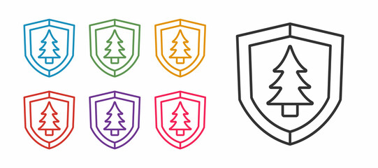 Set line Shield with tree icon isolated on white background. Eco-friendly security shield with tree. Set icons colorful. Vector
