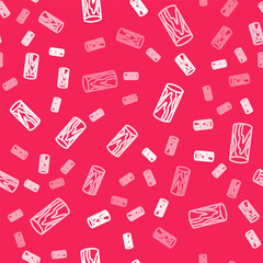 White line Wooden log icon isolated seamless pattern on red background. Stack of firewood. Vector