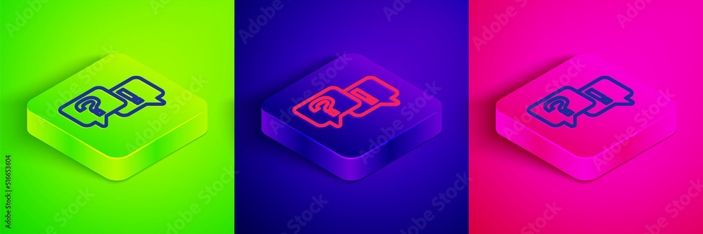 Poster isometric line speech bubbles with question and answer icon isolated on green, blue and pink backgro