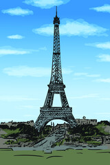 The Eiffel Tower in the center of Paris, a recognizable architectural landmark. Color pencil hand sketch