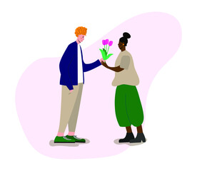 Happy cartoon diverse man and woman standing together on white background. A European man gives a bouquet of flowers to a dark-skinned woman. Modern stylish young people.
