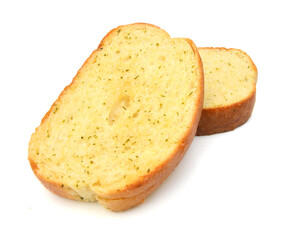 Garlic and herb bread slices on white background 