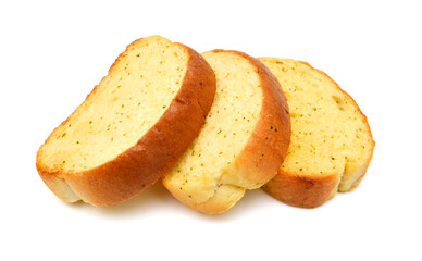Garlic and herb bread slices on white background 