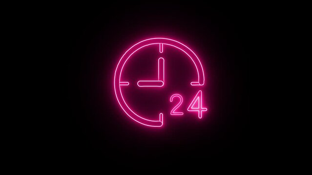 Clock 24 hours icon isolated on black background. All day cyclic icon. 24 hours service symbol. 4K Video motion graphic animation