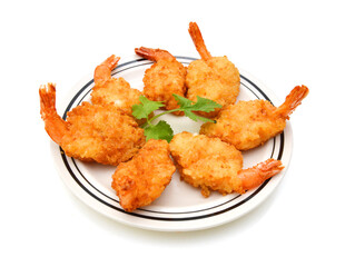 Stack butterfly shrimps in plate on white background 