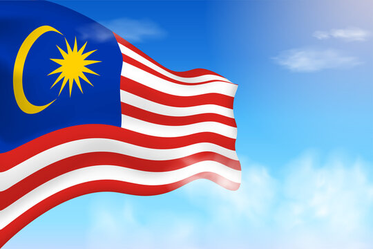 Malaysia flag in the clouds. Vector flag waving in the sky. National day realistic flag illustration. Blue sky vector.