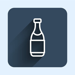 White line Champagne bottle icon isolated with long shadow background. Merry Christmas and Happy New Year. Blue square button. Vector
