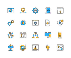 Web development icon set. Line style icons in color. Marketing, analytics, e-commerce, digital, management, seo, web error. Vector illustration concept.