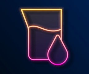 Glowing neon line Oil petrol test tube icon isolated on black background. Cmemistry flask and falling drop. Vector