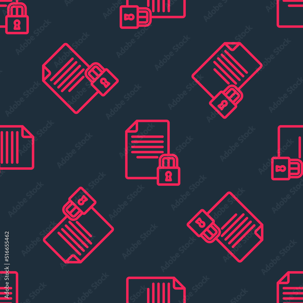 Poster red line document and lock icon isolated seamless pattern on black background. file format and padlo