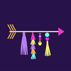 Colorful party arrow decoration. Tassels pompoms hanging.  Vector illustration