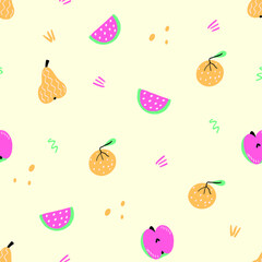 Seamless pattern of cute fruits. Hand drawn doodle oranges, apple, pear and watermelon on a light background. Tropical vector illustration