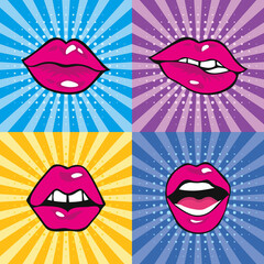 Set mouth with teeth and tongue pop art design