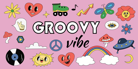 Retro cartoon 70s stickers collection. Set with groovy elements. Illustration in flat style. 