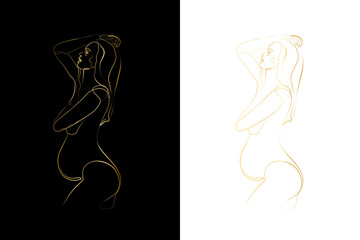 Pregnant mom line art, Pregnancy one line drawing, printable wall art, Nude woman body print, Belly female figure, Minimalist print. Gold line. Set 
