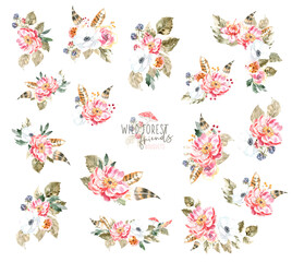 Watercolor floral wreath bouquet frame illustration set with peony white, peach autumn forest flowers, boho greenery,berry, fall wedding stationery, greeting cards, baby shower, invite diy     