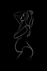 Pregnant mom line art, Pregnancy one line drawing, printable wall art, Nude woman body print, Belly female figure, Minimalist print. Black background