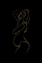 Pregnant mom line art, Pregnancy one line drawing, printable wall art, Nude woman body print, Belly female figure, Minimalist print. Gold line