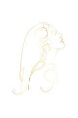 Fashion lineart portrait of young woman, isolated vector illustration. Gold line, White background