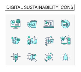 Digital sustainability color icons set. Modern technology. Global environment protection. Ecology concept. Isolated vector illustrations