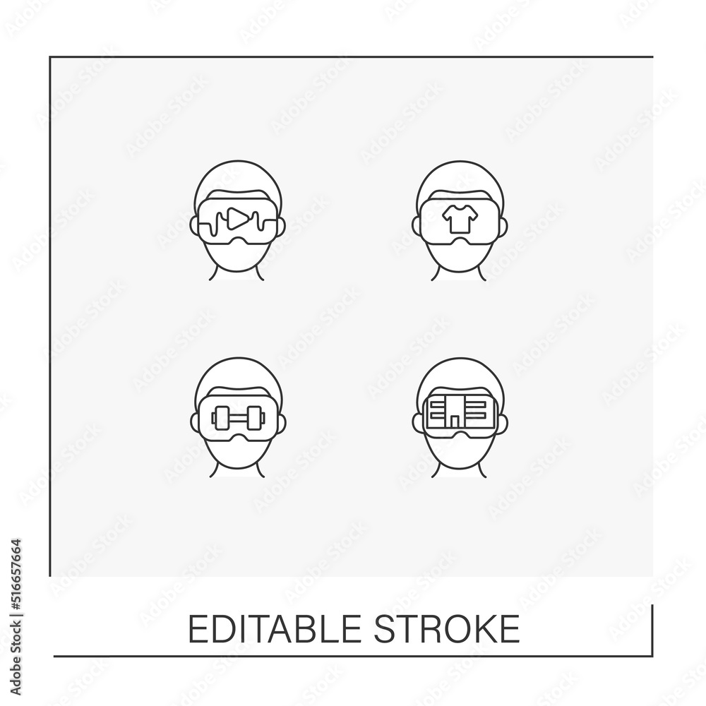 Aufkleber vr line icons set. virtual reality haptic gloves and suit, headset computer, applications etc. moder