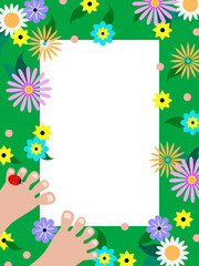 Raster image - a beautiful flower frame with bright buds, bare feet and a ladybug on a green background and copy space. Concept - summer holiday
