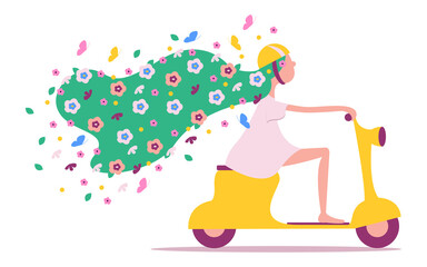 Raster illustration - a cute girl rides a motor scooter with green long hair, similar to meadow grass with flowers and butterflies isolated.  Concept - summer