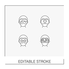 VR line icons set. Virtual reality haptic gloves and suit, headset computer, applications etc. Modern technology concepts. Isolated vector illustrations.Editable stroke