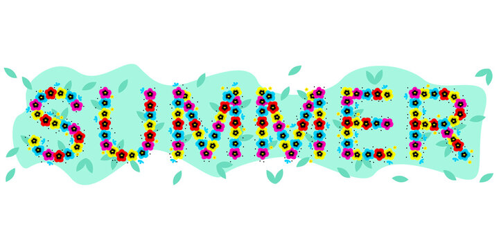 Raster banner - the word summer written with multicolored flowers on a green vegetable background