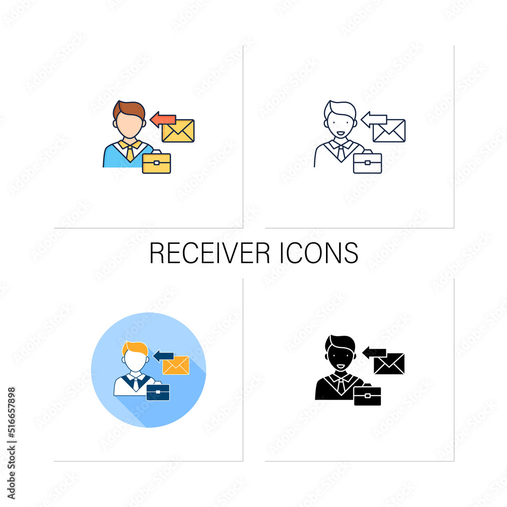 Poster receiver icons set. message delivered. man receive email, letter, message from job. effective commun