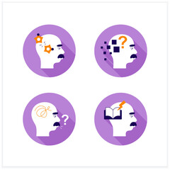 Alzheimer disease flat icons set. Difficulties with pronunciation, spelling sounds, concentration. Neurologic disorder concept.Vector illustrations